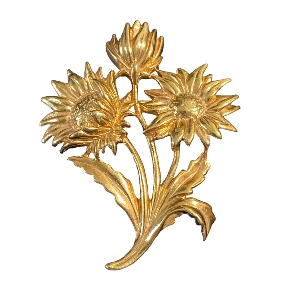 GOLD floral daisy brooch vintage unmarked